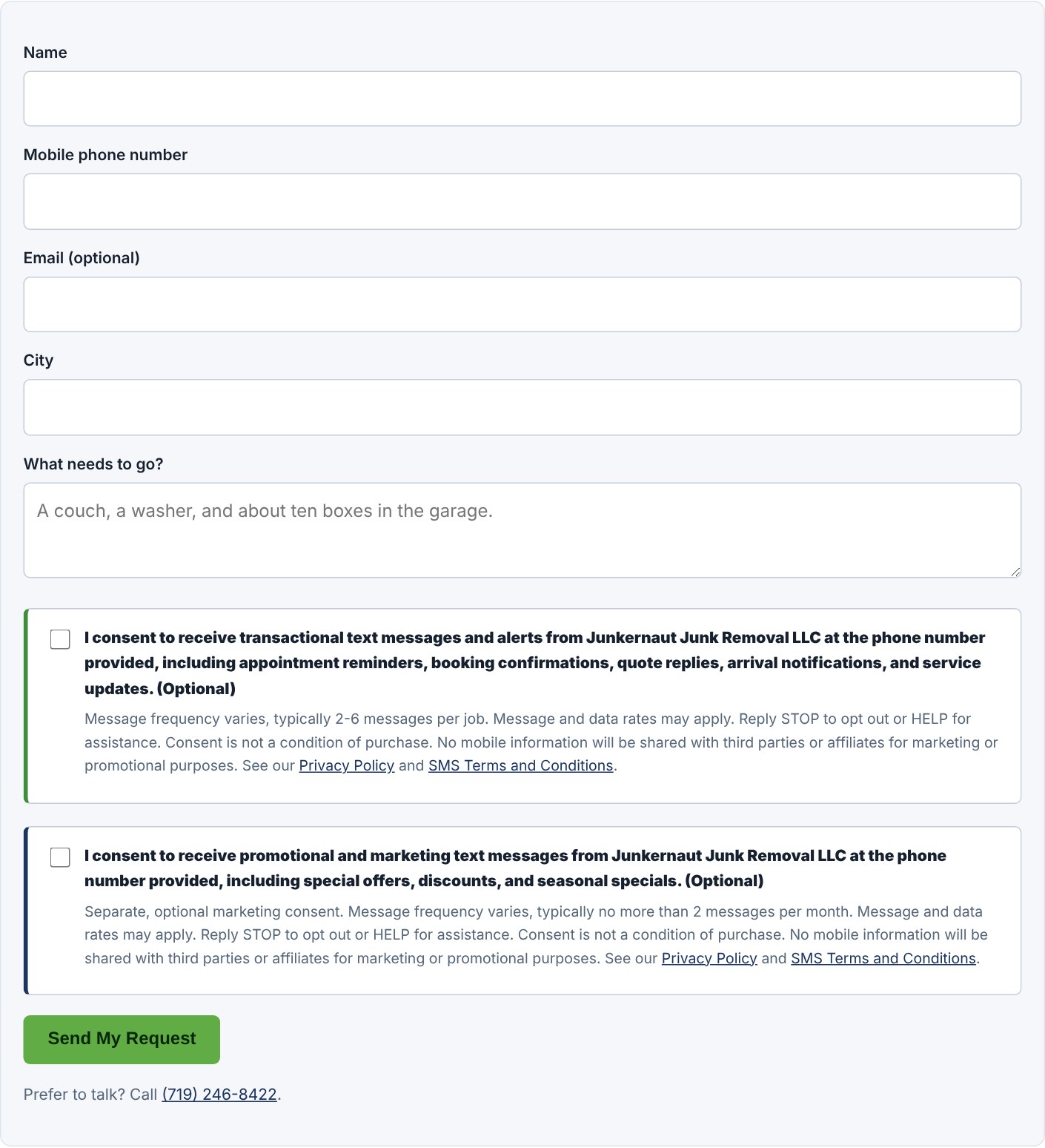 Junkernaut Junk Removal LLC quote form showing two unchecked SMS consent checkboxes with full disclosures